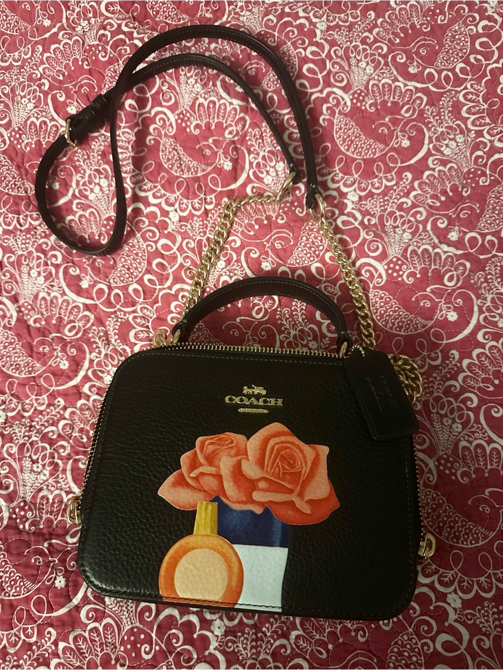 Coach Black Leather Crossbody with Coral Floral Motif.   EUC. Like new